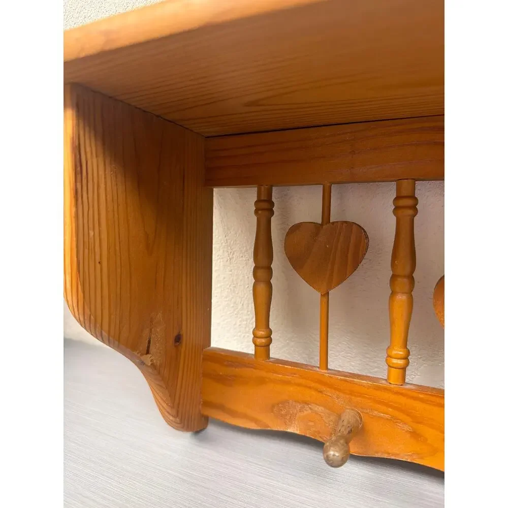 Vtg Wooden Heart Spindle Wall Shelf Five Pegs 23 inch Cottagecore Farmhouse